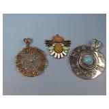Three Multi Stone Pendants W/Brass Filigree