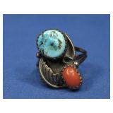 Sterling Silver Coral & Turquoise Ring