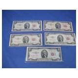 Five Red Seal $2.00 Bills