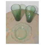 Two Vtg Cristar Glasses & Uranium Glass Plate