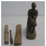 Carved Wood Statue Playing Drum & Carved Items 9'