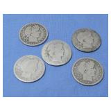 Five Barber Quarters 90% Silver