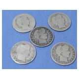 Five Barber Quarters 90% Silver