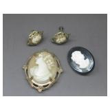 Two Cameo Brooches W/ Vtg Screw Back Earrings