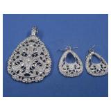 Silvertone Rhinestone Pendant & Earrings
