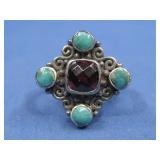 Vtg S.S. SW Garnet & Turq. Ring Hallmarked 6.9g