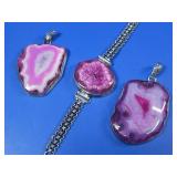 Three Pink Agate Geode Slices Two Pendants See