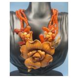 Multi Strand Beaded Leather Flower Necklace