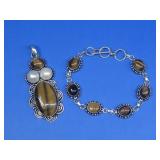 Tiger's Eye & Pearl Pendant w/ Bracelet Set See
