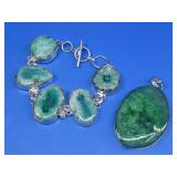 Green Quartz Dyed Pendant & Bracelet Silvertoned
