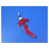 Red Coral Italian Horn & Pearl Pendant See Info