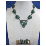 Vtg S.S. Green Onyx Stone Mask Necklace/Earrings