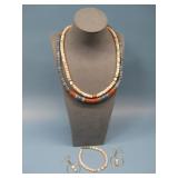 Vtg Carved Horn Turtle Necklace W/Brass Beads