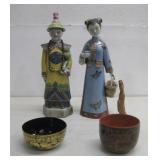 Two Vtg Porcelain Oriental Figures & Wodden Bowls