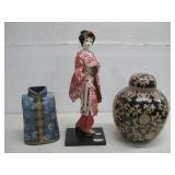 Geisha Decorative Doll 15.5' & Ceramic Urn Vase