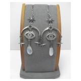 Vtg Sterling Silver Moonstar & Eye Dangle Earrings