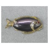 Vtg Gold Tone Cats Eye Rhinestone Fish Pendant
