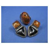 Vtg Sterling Silver Amber Ring & Earrings See Info