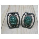 Vtg Sterling Silver Green Onyx Earrings Hallmarked