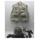 Vtg Helmet Liner Fishing Vest Binoculars & More