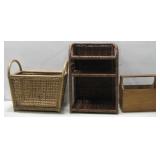 Vtg Wicker Magazine Rack Hanging Shelf W/Wood See