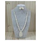 Vtg. Carved Boned Necklace W/ Clip On Earrings