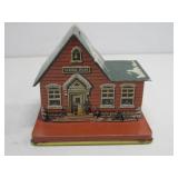 Vtg Tin Schoolhouse Still Bank 4.5' Tall