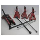 Floor Jack Three Jack Stands & Two Tire Irons