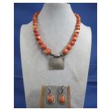 Sterling Silver Red Coral Necklace & Earrings See