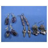 Sterling Silver Amethyst Dangling Earrings 3 Pairs