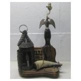 Vtg Folk Art Night Watch Rustic Style Lamp See