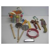 Woven Basket W/12 Vtg Music Class Instruments