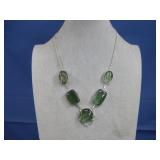 Silvertone Necklace W/Green Cabochons