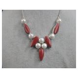 Silvertone Pearl & Red Coral Necklace