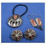 Sterling Silver Vtg Coral Earrings & Hair Piece