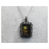 Vtg S.S. SW Amber Pendant Necklace Hallmarked