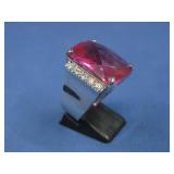 Synthetic Ruby CZ Wide Band Silver Tone Ring