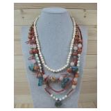 White & Red Coral, Turq. & Rose Quartz Necklace
