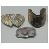 Two Belt Buckles & Brass Elephant Cuff Bracelet