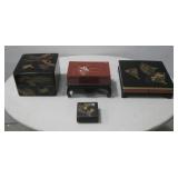 Three Vtg Oriental Style Black Lacquer Boxes & Red