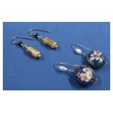 Vtg 14KT Cloisonne & Porcelain Earrings