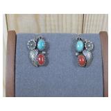 Vtg Sterling Silver Tested Turq. & Coral Earrings