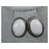 Sterling Silver White Cabochon Earrings Hallmarked