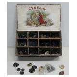 Vtg Wooden Cigar Box W/Vtg Buttons See Info