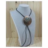 Vtg Copper & Turquoise Round Bolo Tie 2.75'