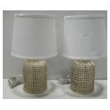 Two Wicker Base Style Table Lamps Power On See