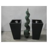 Two Large Plastic Planters W/Faux Tree See