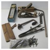 3 Vtg Wood Planes,Square Nails,#2 Alligator Wrench