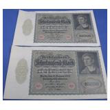 Two-10000 Reichs Bank Note Consecutive Serial #s