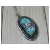 S.S. Tested Turquoise Pendant & Chain 26'